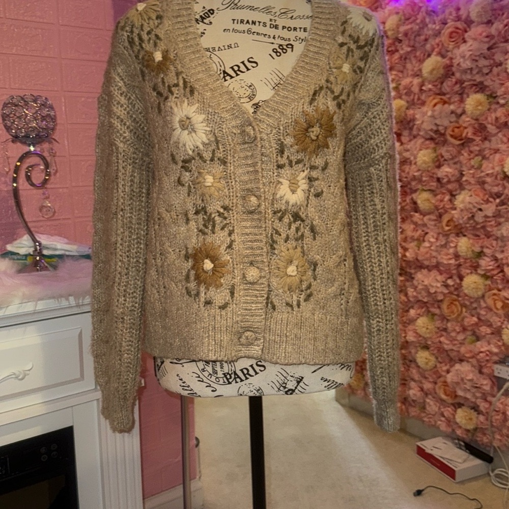Chunky Knit Cream and Brown Cardigan with Floral Details